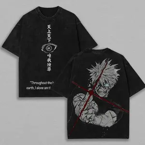 Retro Heavy Gojo Satoru Red Technique Ver.3 THE HONORED ONE Jujutsu Kaisen Anime Double Printed Vintage Washed Tee Unisex Oversize Anime Manga Washed Heavyweight Cotton T-shirt