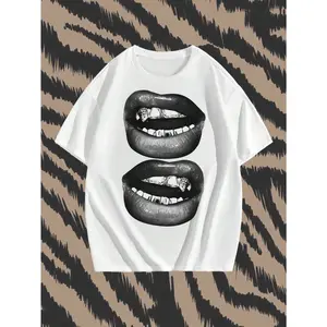 Street Style Tee Short Sleeve Top With  Mouth Pattern, Suitable For Summer, Funny, For Going Out