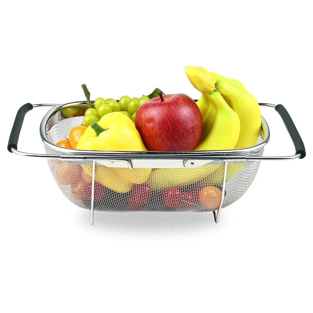 Adjustable-Handle Expandable Stainless Steel Metal Over-the-Sink Colander with Fine Mesh Holes, Non-Slip Kitchen Utensil for Vegetable, Fruit, Pasta Draining