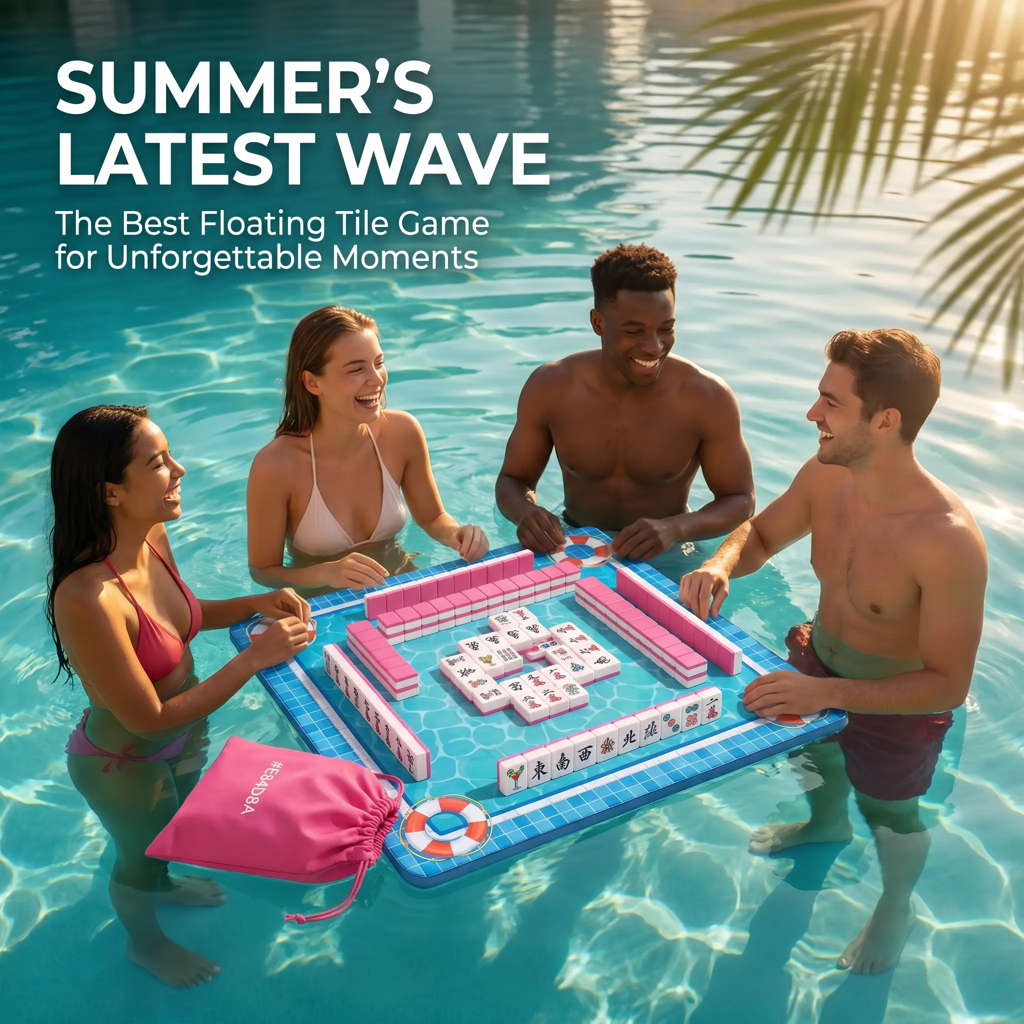 Pink EVA Floating Tile Game Set, Medium Size Game Tiles with Numbers & Letters Mark, Complete with Joker Pieces, Portable Travel Game for Beginners, Pool, Picnic & Family Gathering