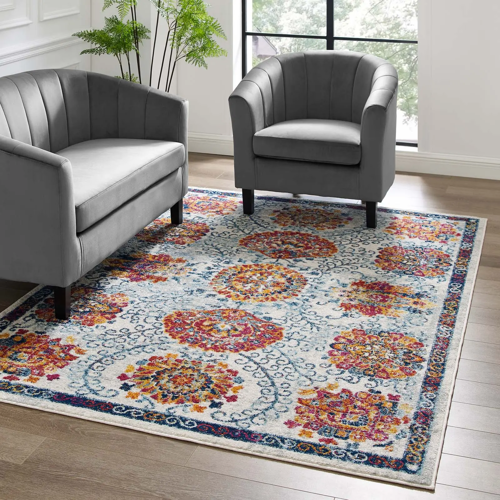 Modway Entourage Kensie Distressed Floral Moroccan Trellis 5x8 Area Rug in Ivory, Blue, Red,Orange,Yellow
