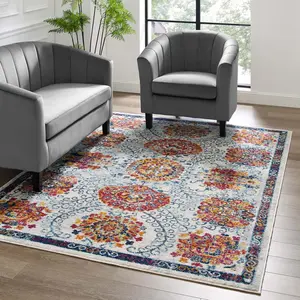 Modway Entourage Kensie Distressed Floral Moroccan Trellis 5x8 Area Rug in Ivory, Blue, Red,Orange,Yellow