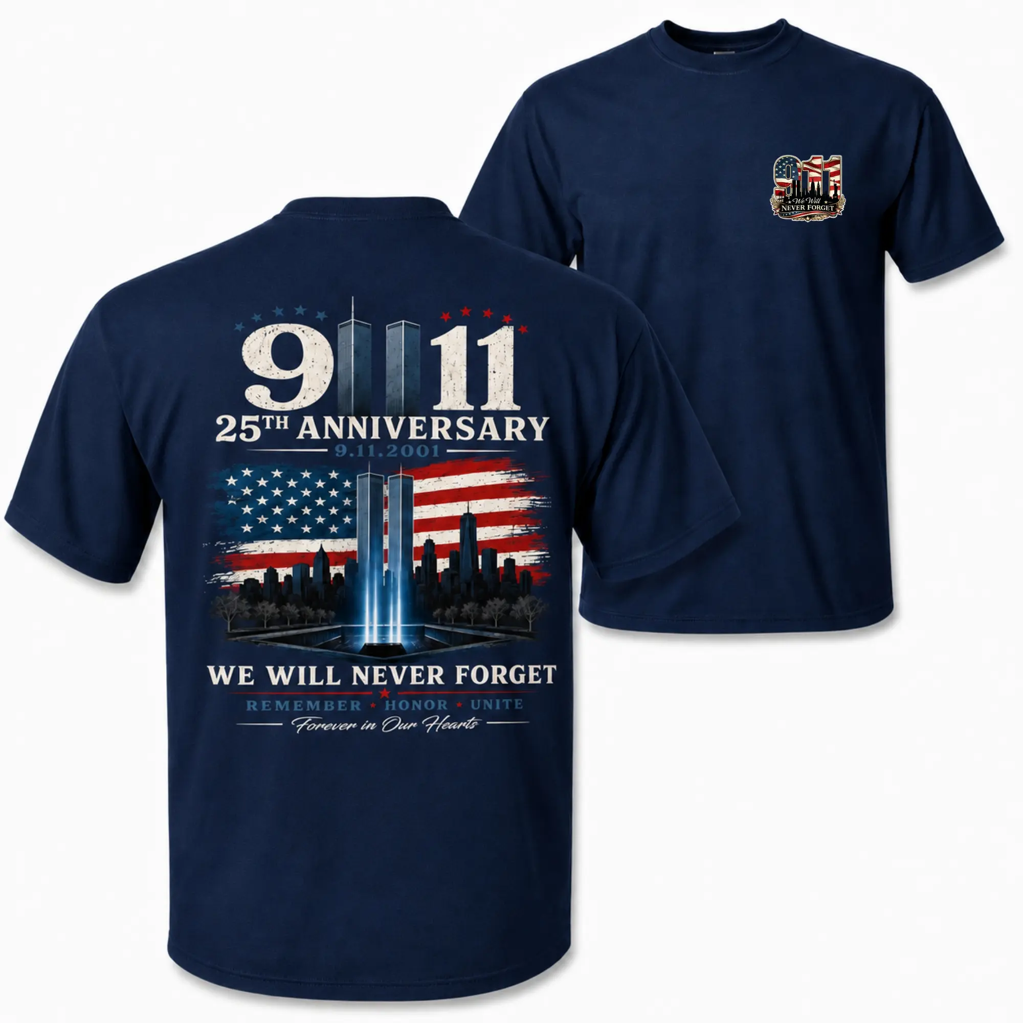 [MADE IN US] 911 25th Anniversary Memorial T Shirt, Patriotic Twin Towers And American Flag Two Sided Graphic, September 11 Remembrance Gift For Firefighter Families And Patriots
