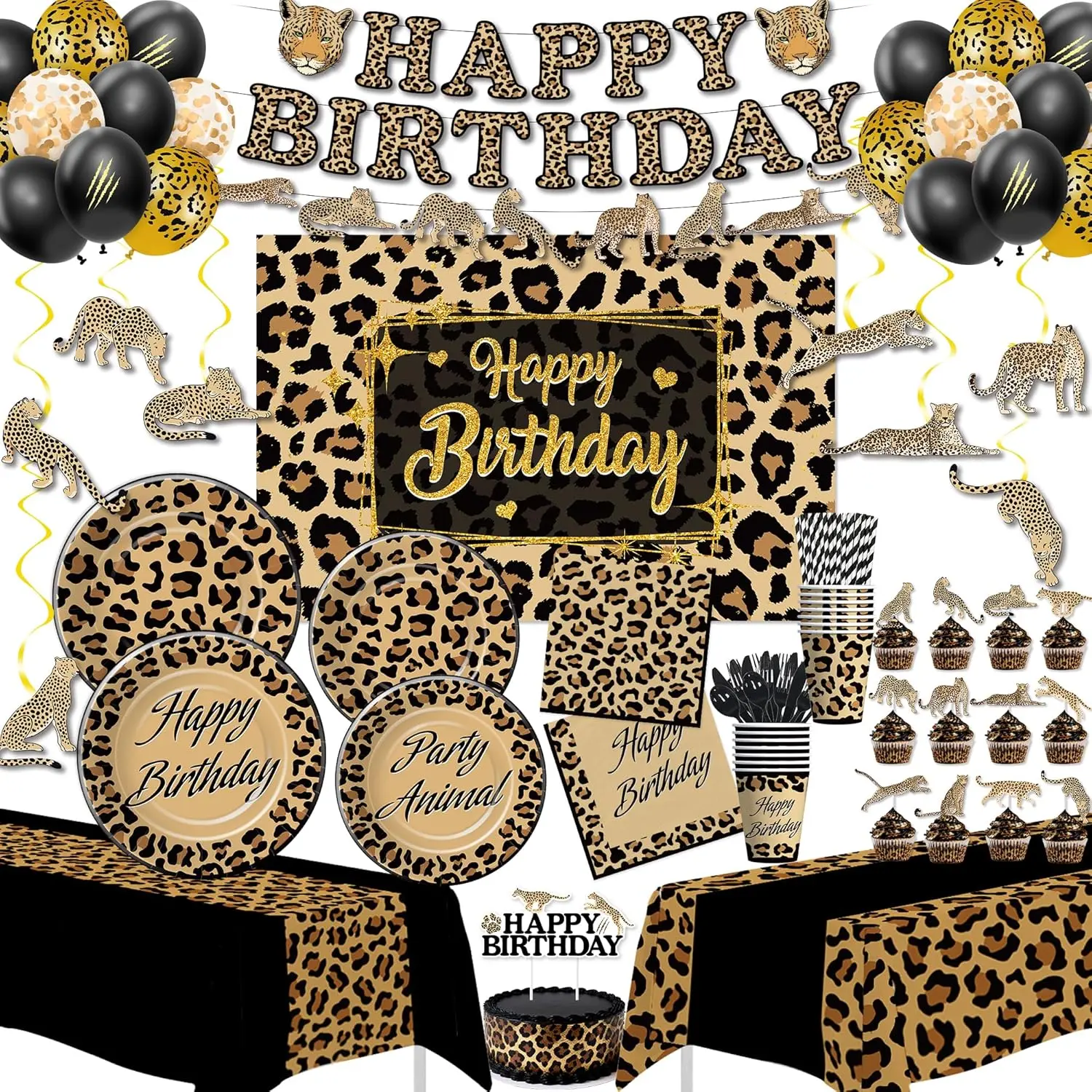 Jungle Animal Leopard Print Happy Birthday Decorations Kit, Cheetah Themed Plates, Napkins, Cups, Banner, Backdrop, Tablecloth, Cutlery Set for Party Gifts