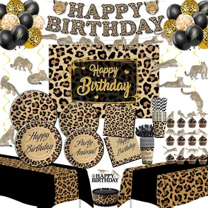 Cheetah Birthday Decorations, Jungle Animal Leopard Print Birthday Party Supplies, Cheetah Plates and Napkins Set, Cup, Banner, Backdrop, Tablecloth, Cutle