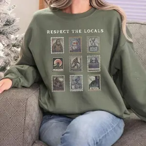 Respect the Locals Cryptid T-Shirts, Crewneck Sweatshirts & Pullover Hoodie, Vintage Stamp Camping Sweater, Bigfoot Gift Mothman Sweatshirt, Alien Sweatshirt Weirdcore Gift for Hiking DGRR
