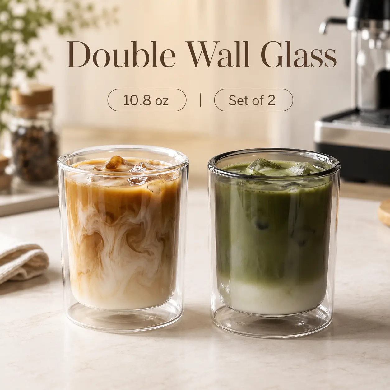 (Set of 2)10.8oz Borosilicate Double Wall Glass Tumbler, No Condensation Insulated Iced Coffee Cup, Clear & Smoke Grey Heat Resistant Drinking Glass for Juice Water Home Bar Brunch  Bottles Mug daily use drinkware