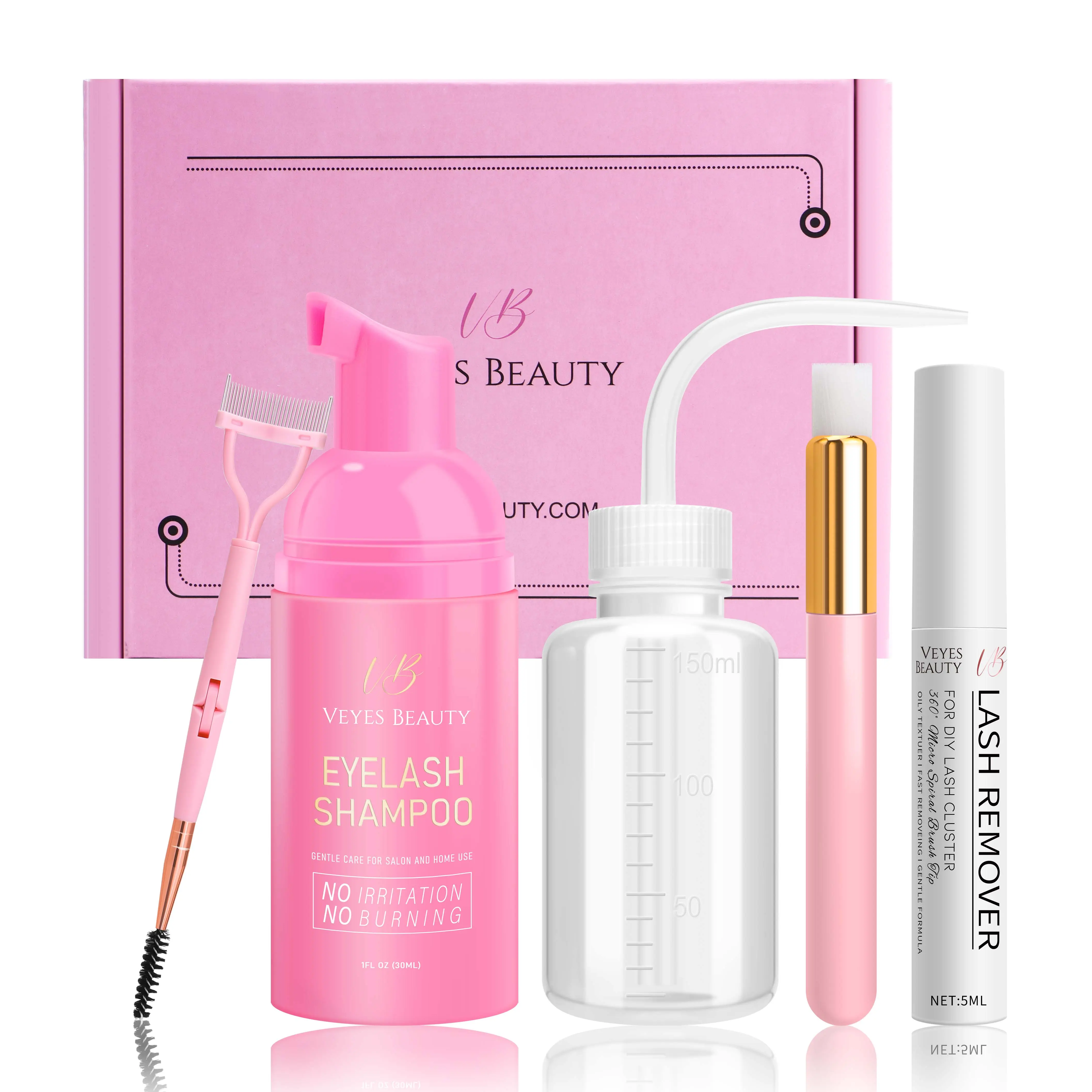 VEYESBEAUTY Lash Shampoo Kit, Gentle Cleanser and Remover for Eyelash Extensions & Natural Lashes, Includes Cleansing Brush & Spoolie Wand, Lash Wash Kit, Makeup Remover