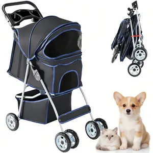 Lightweight Dog and Cat Stroller, Foldable Pet Stroller with Storage Basket and Cup Holder, Adjustable Handle and Smooth Wheels for Small Medium Pets Outdoor Use