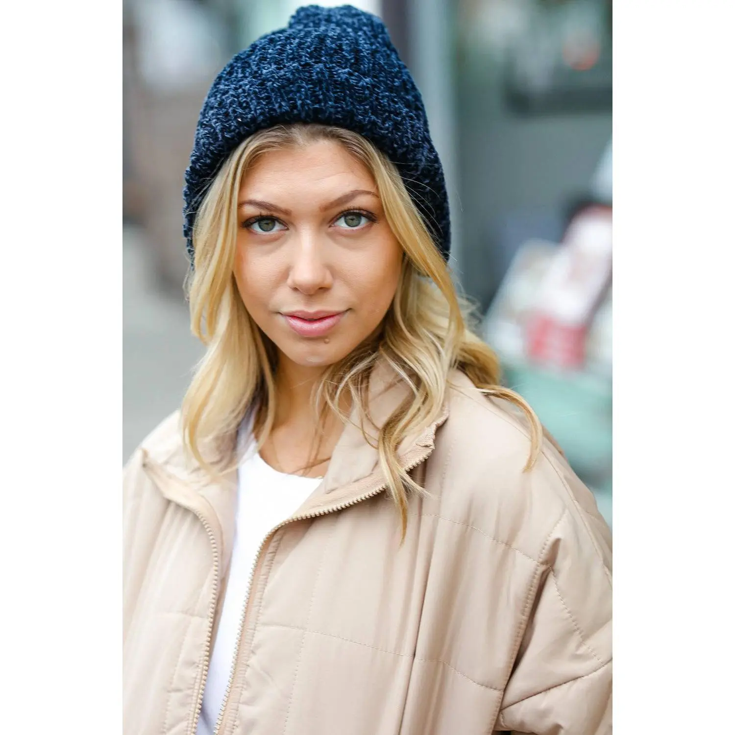 Navy Knit Velvet Chenille Fold Over Beanie