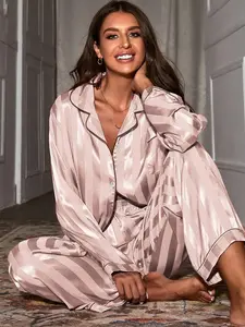 Two-piece Set Women's Striped Print Contrast Binding Satin Pajama Set, Summer Outfits 2024, Casual Long Sleeve Pocket Shirt & Pants Loungewear Set, Lady Homewear, Pyjamas, Please Purchase A Size Up
