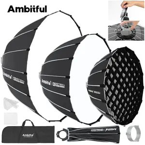 AmbitfulQ9 Quick-Mount Grid Deep Parabolic Softbox, 60/90/120cm, Bowens Mount Soft Light Shade, Eggcrate for Live Streaming & Photography Flash, Portable Side Wing Design, Compatible with Godox Fill Lights