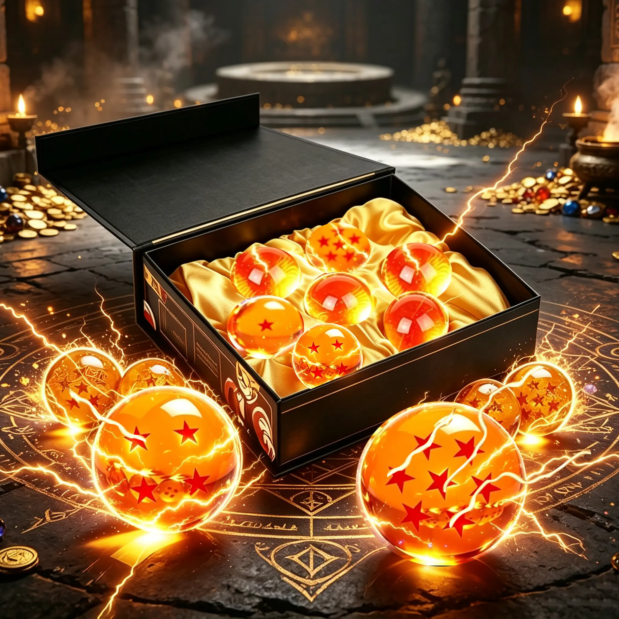 Mini 4.3CM Fantasy Crystal Spheres 7-Piece Set, Premium Anime Collectible Orbs with Luxury Gift Box, Small Engraved Symbol Desktop Decor Figurine, Ideal Birthday Housewarming Gift for Anime & Game Fans
