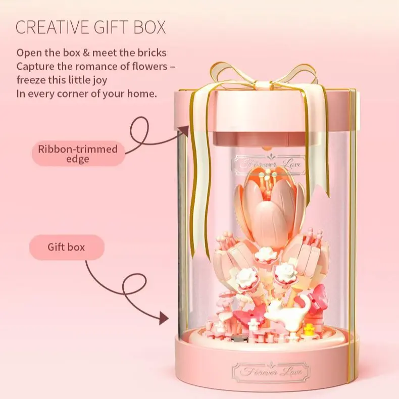 (2 Gifts) DIY Flower Building Block Toy Set with LED Display Dome - Rose buildable Tulip Cherry Blossom Butterfly Brick Bouquet Iris Kit, Creative Toy for Girls, Aesthetic Room Desk Decor,  Birthday Valentine's Day Gift