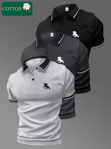 3-pack men’s summer short-sleeve cotton polo shirts with equestrian print, classic retro style—lightweight, versatile athletic casual outdoor fashion golf apparel; trendy black short sleeves—an ideal gift for a boyfriend or brother.