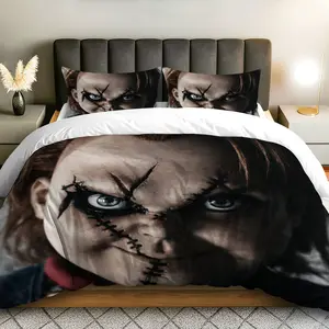 3PCS Duvet Cover Set, 1 Duvet+2 Pillowcases(Without filler), Horror Doll Halloween Spooky Theme, Halloween bedding set, Decorative Duvet Cover, Bed Sets, Scary Face Suitable for decoration Bedroom, Guest Room, Hotel, Dormitory.