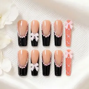 Naillulu ‌|‌ 10PCS 100% Handmade 1.3 inch Press on nails ‌|‌ Coquette Pink Bow Black French Medium Square Acrylic Nails | For Date, Party, Concert & Daily Photoshoot