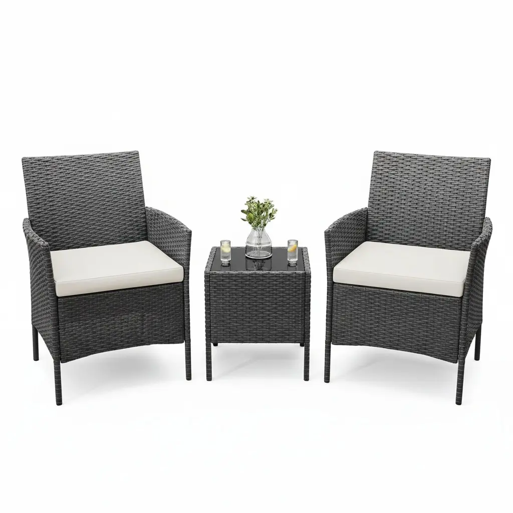 3-Piece All-Weather PE Wicker Rattan Set - Pre-Assembled Outdoor Furniture Set with 2 Cushioned Chairs & Coffee Table, Durable Outdoor Furniture for Balcony, Backyard, Garden Party (Brown/Grey/Black)