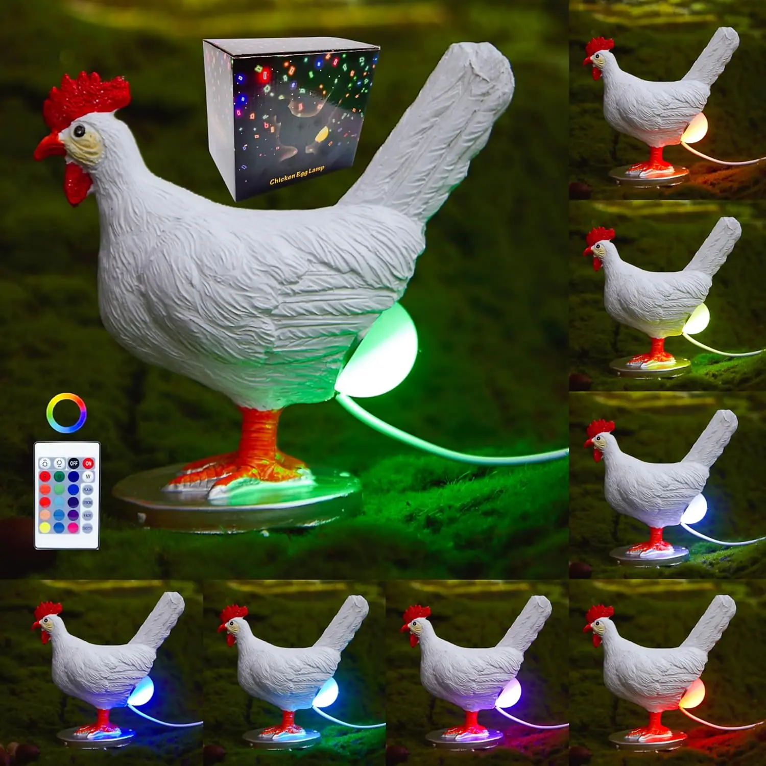 Upgraded Chicken Egg Lamp, Chicken Lamp, 16 Colors Chan with Remote Control, 3D Resin Chicken Night Light with USB, Color Gift Box, ster Birthday Gift for Friends (D)