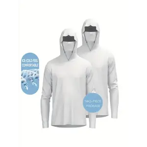 2 Pcs Solid Breathable Men's Hooded Shirt With Mask, Long Sleeve Rash Guard For Fishing Hiking Outdoor Sun Protection