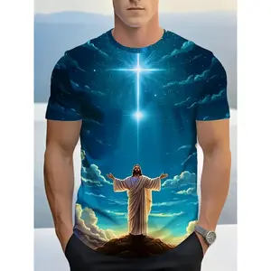 [Men's Jesus Prayer Tee] Men's Jesus Prayer Graphic T-Shirt |   Stretch Knit Fabric, Breathable Summer Casual Tee with Radiant Cross Design, Regular Fit Short Sleeve Round Neck for Casual Attire, Durable Print Shirt