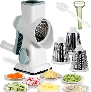 Rotary Cheese Grater Shredder with Handle Handheld Round Mandoline Vegetable Slicer Carrot Shredder Nut  with 3 Replaceable Stainless Steel Drum  and Upgrade  Suction, White/Cyan