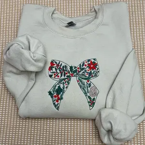 Vintage embroidered floral bow Christmas Sweatshirt - Vintage Christmas bow Embroidered Unisex Sweatshirt B, christmas sweatshirt