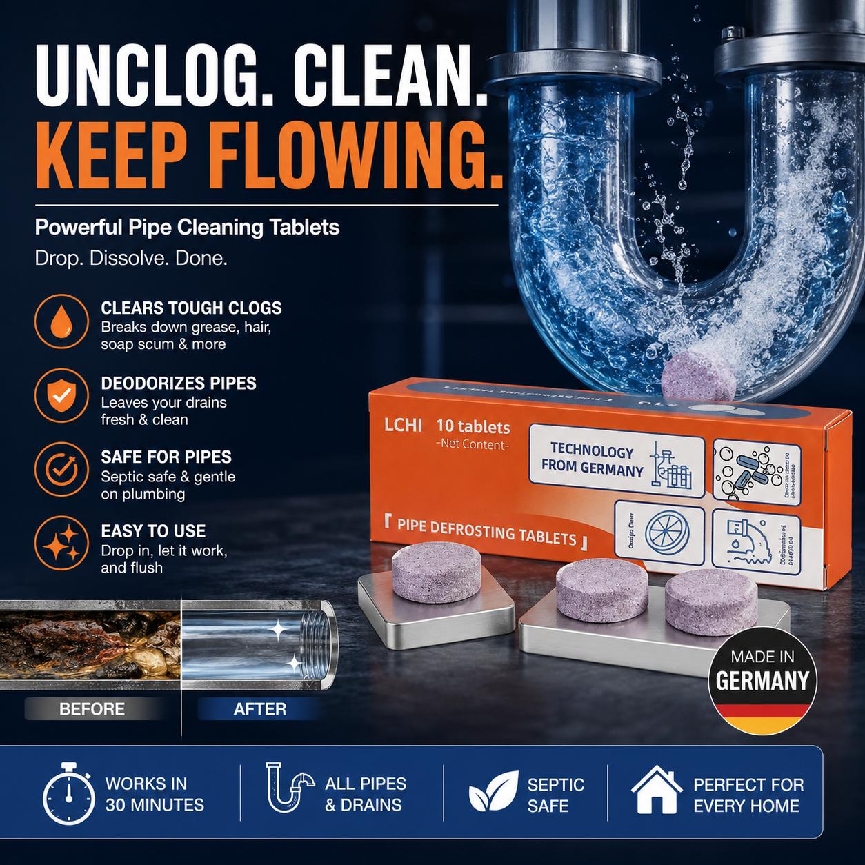 Softens Hair & Breaks Down Stubborn Clogs — Multi‑Functional Pipe Cleaner Tablets for Washing Machines, Sewers & Septic Tanks, Toilets, Bathrooms, Eaves, Drains | Drain Cleaner, Washer Cleaner, Odor Eliminator, Clog Remover, Deodorizer, Descaling Tablets Softens Hair & Breaks Down Stubborn Clogs — Multi‑Functional Pipe Cleaner Tablets for Washing Machines, Sewers & Septic Tanks, Toilets, Bathrooms, Eaves, Drains | Drain Cleaner, Washer Cleaner, Odor Eliminator, Clog Remover, Deodorizer, Descaling Tablets