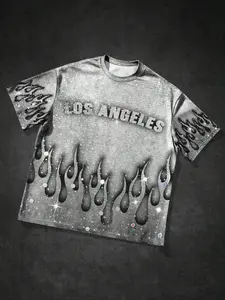 Men's Round Neck Short Sleeve T-Shirt, Digital Print La Logo, Casual Solid Color Summer Top, Fashion Essential for Spring & Summer, Streetwear, Knit, Soft