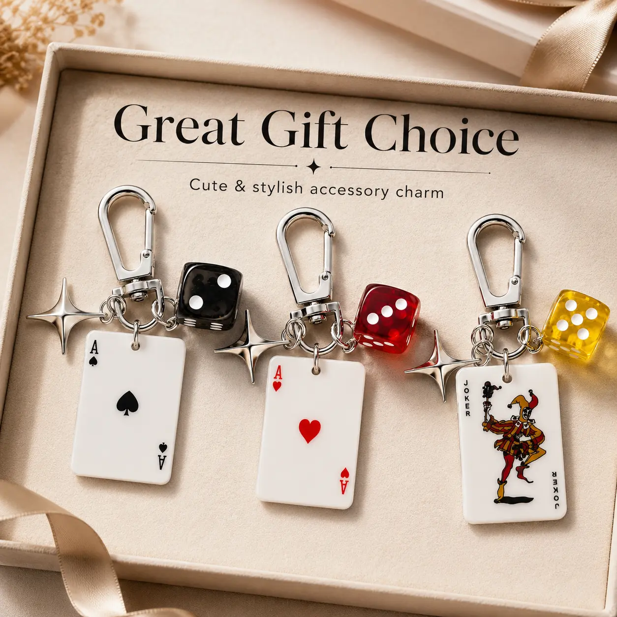 Vintage Y2K Poker Card Dice Four-Pointed Star Keychain Charm, 3 Styles Ace of Spades Ace of Hearts Joker Acrylic Bag Pendant, Cool Niche Trend Decor Accessory for Backpack Handbag Car Keys, Lightweight Creative Small Gift for Teen Men Women