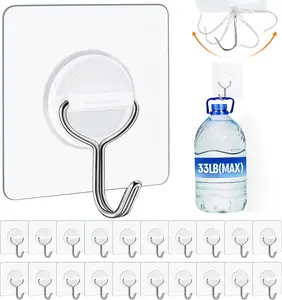 Adhesive Wall Hooks for Hanging Heavy Duty 33lb(Max), Waterproof and Rustproof Transparent Self Adhesive Hooks for Bathroom Kitchen Outdoor and Home Improvement -24 Pack