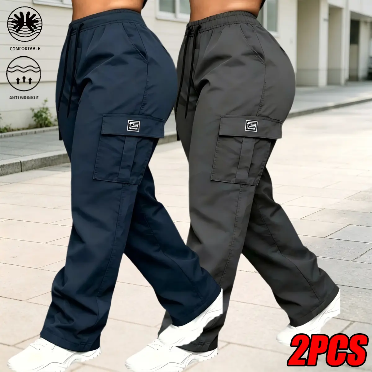 Women's 2-Pack Wide-Leg Cargo Pants - Activewear Athletic Baggy Basic Bottoms, Flexible Drawstring Waist, Branded Flap Cargo Pockets, Roomy Side Pockets, Premium Polyester, Crisp Shape-Retaining, Breathable, Lightweight, Wear-Resistant