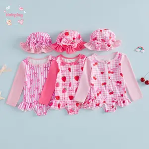 Baby Girl Long Sleeve Swimsuit Set, Strawberry/Cherry Print Ruffled Rash Guard with Sun Hat 2-Piece UV Protective Bathing Suit