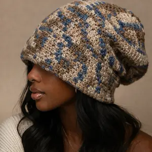 Slouchy Knit Beanie in Earthy Tones with Blue Accents for Cozy Style