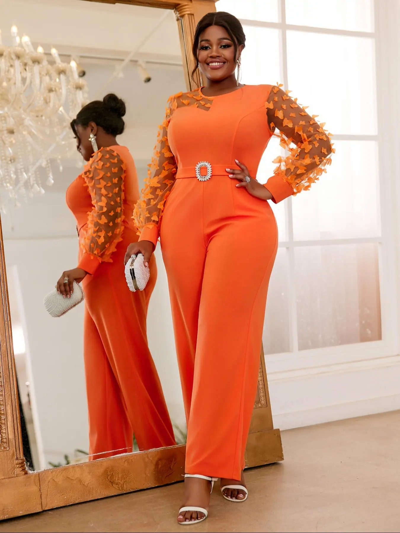 【Plus Size】 Solid Color Butterfly Decor Jumpsuit, Elegant Fashion Casual Round Neck Bell Sleeve Jumpsuit for Daily Outdoor Wear, Women's Plus Clothing for All Seasons