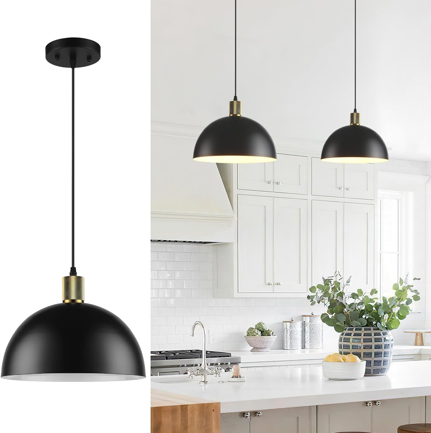 Black Pendant Lights Kitchen Island, 11.8" Modern Dome Farmhouse Hanging Lighting for Dining Room Hallway Entryway