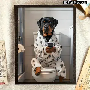 2D Flat, One Rottweiler Sitting on the Phone - Fun Dog Wall Art, Framed Canvas Poster, 30.48x 40.64cm or 40.64x 60.96cm