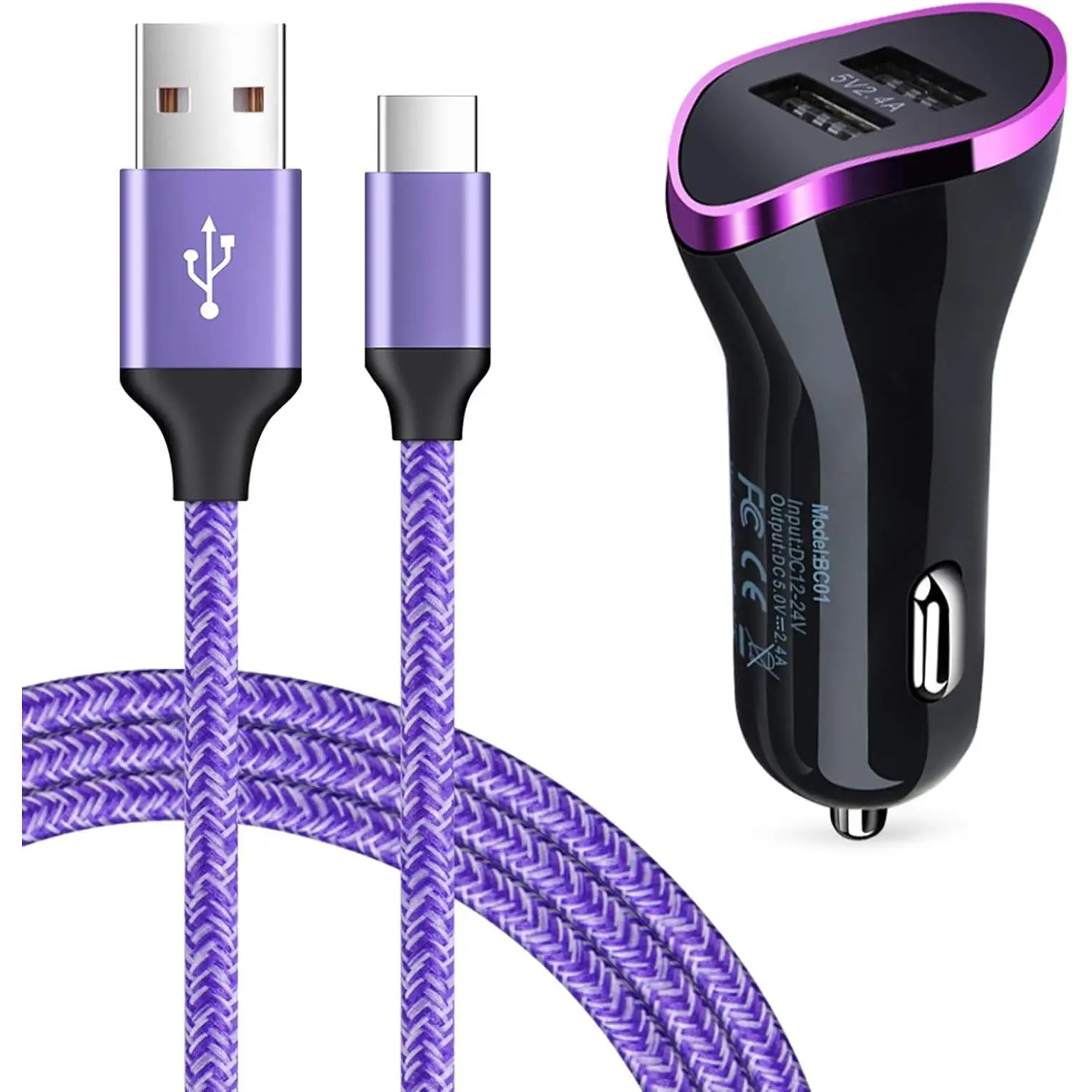 Type C In-Car Charger with 6ft Nylon Anti-Tangle Fast Charging USB C Cable, Backlit SmartIdentify USB Port, 5V/2.4A Max DC12-24V Universal Car Adapter for Samsung Galaxy Power/G Stylus