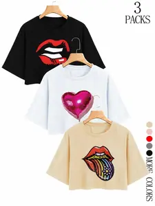 Women's 3-Piece Short Sleeve Casual T-Shirt Set, Loose Fit Round Neck Crewneck Top with Lip Heart Print, Soft Breathable Fabric, Street & College Style