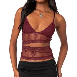 Women's Lace Sheer Camisole V-Neck Spaghetti Strap Sheer VestFit Cutout Show Navel Tank Tops Lady Womenswear(Sheets)