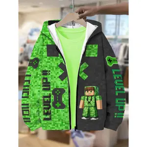 Cool Pixel Style Green Grey Splicing Pattern Boys' Zipper Hoodie Spring/Autumn Pocket Coat Kids Fashion Novelty Clothing Daily Versatile Long Sleeve Top Holiday Gift