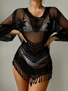 Women's Solid Sheer Cover Up Dress, Boho 3/4 Sleeve Cover Up Dress for Beach Holiday Vacation, Ladies Clothes for All Seasons, Swimsuit Cover Ups