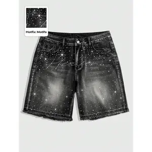 Street Life Men's Rhinestone Distressed Denim Shorts Jorts Minimalist & Fashionable Summer Fabric Menswear Hem Print Tropical Cotton Polyester Pocket Black Galaxy All Over Print