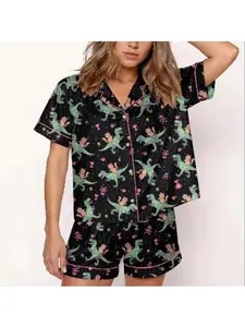 Dinosaur Satin Pajamas Set, Funny Holiday Pajamas, Nightwear Set for Women, Button Down Pajamas, Gift for Her
