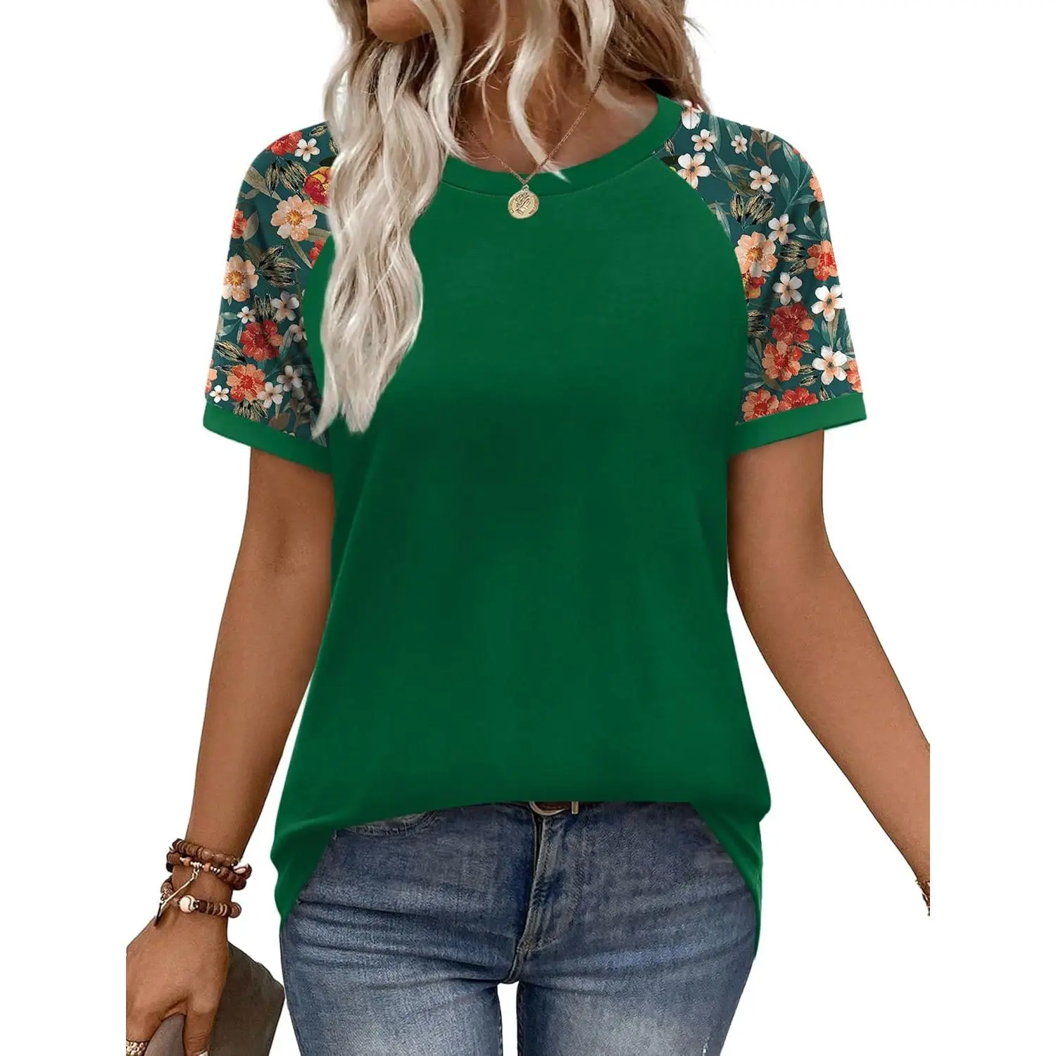 Women's T-Shirt, Casual Color Block Top with Seamless Raglan Short Sleeves, Comfortable Rayon Blend for Layering with Jackets, Basic, Shortsleeve, Lightweight, Valentines Day, Colorful Style