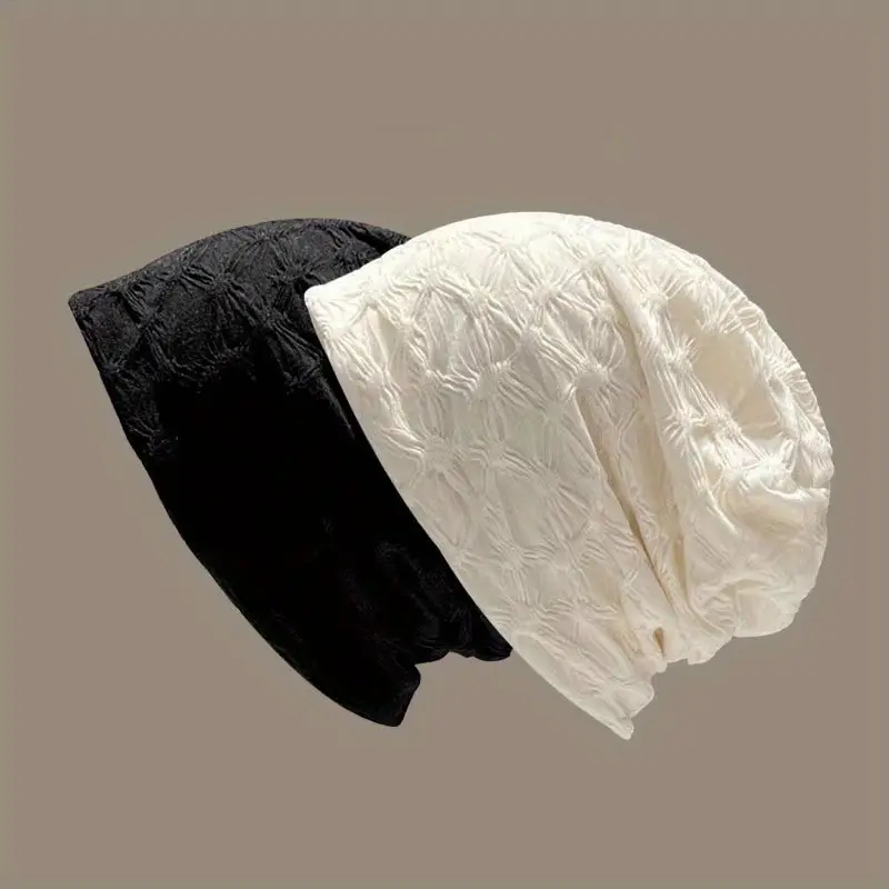 Unisex Pullover Japanese Retro Pleated Beanie Hat - Black-White Contrast, Soft Loose Fit, Machine Washable Clothes Accessory for Casual Wear