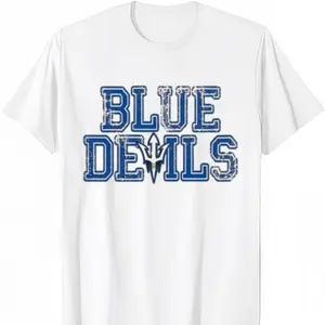 Vintage Distressed Duke Blue Devils Trident Logo T-Shirt, Retro Block Font & Devil Trident Graphic Soft Cotton Tee, Perfect for Duke Fans, Alumni & College Sports Enthusiasts,Men and Women Casual Top