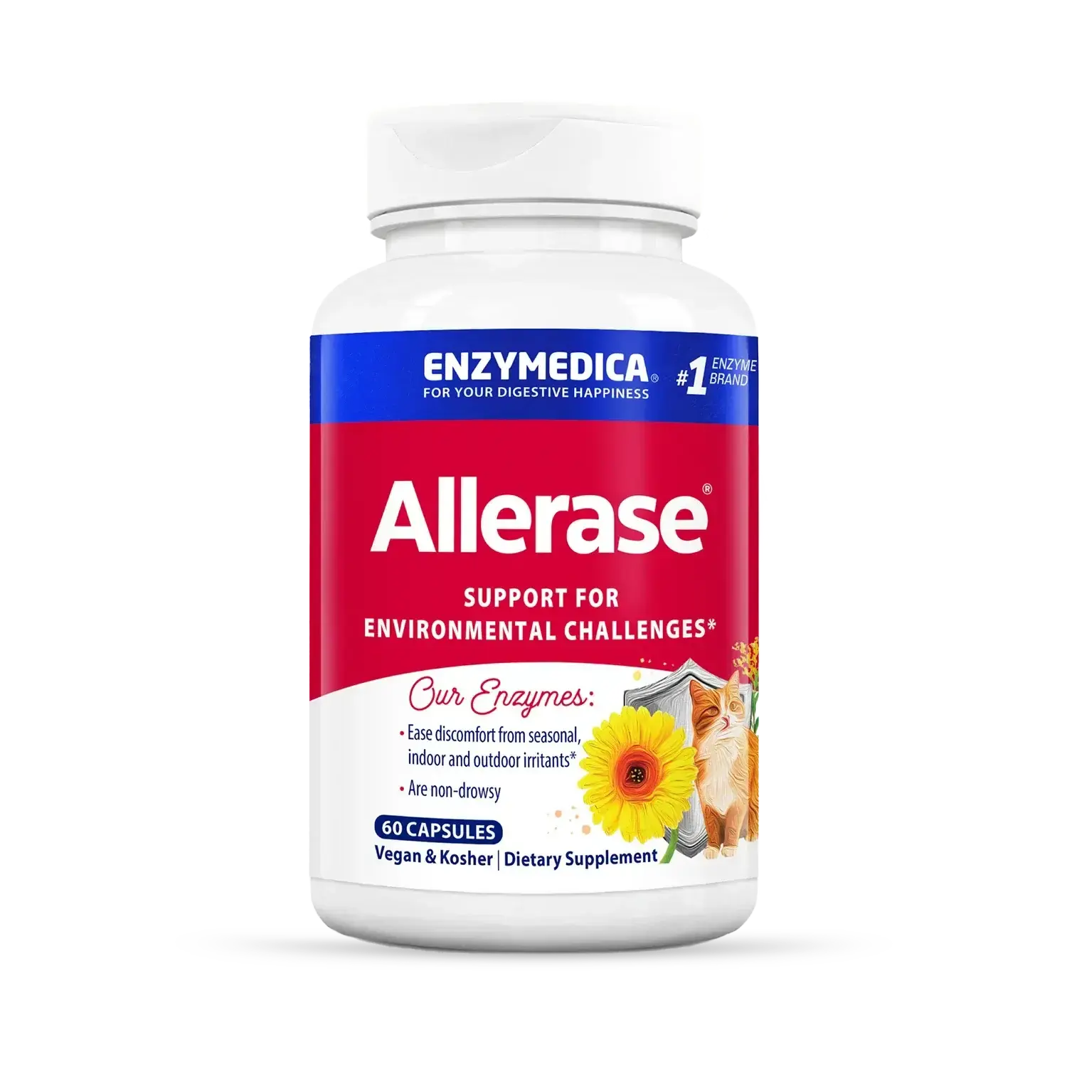 Enzymedica Allerase, Advanced Enzyme Supplement for Seasonal Mucus Buildup Relief, Non-Drowsy Formula, 60 Capsules Seasonal Allergies Allergy Supplements Supplement