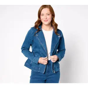 QVC Denim & Co. Signature Perfect Flex Indigo Moto Jacket for Women, Fit Casual Style, Polyester-Blend Fabric