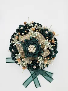 Hunter Green Artesanal satin flowers quinceanera bouquet with handmade porcelain flowers